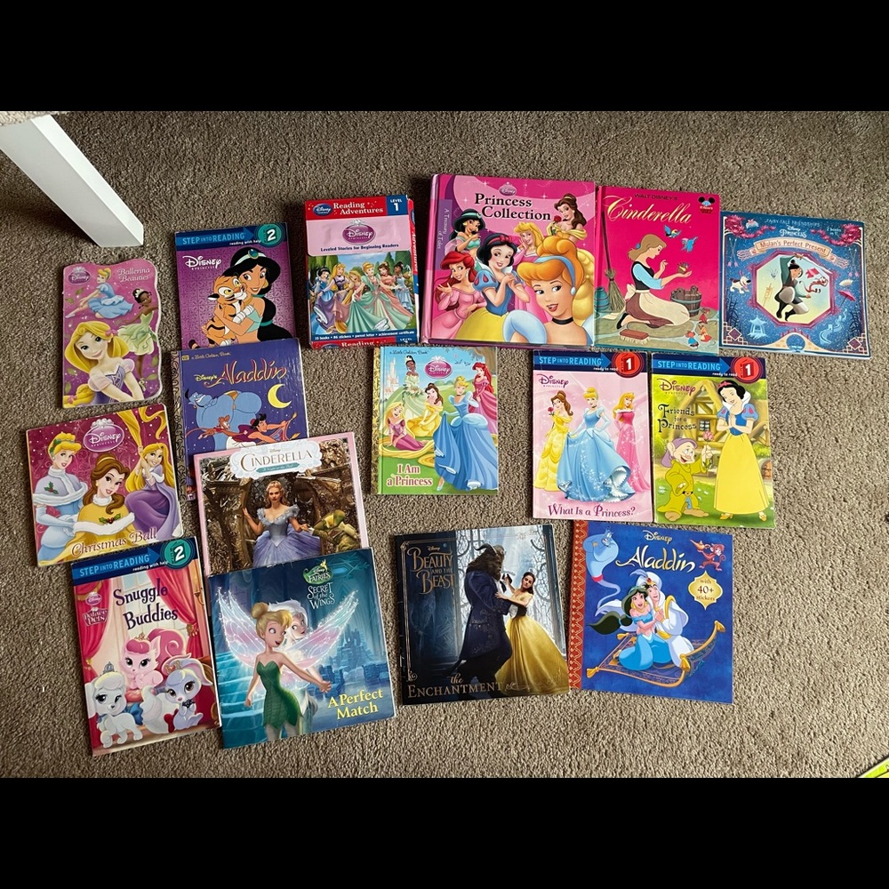 16 Disney princess books plus 3 DVDs, beauty and beast music CD